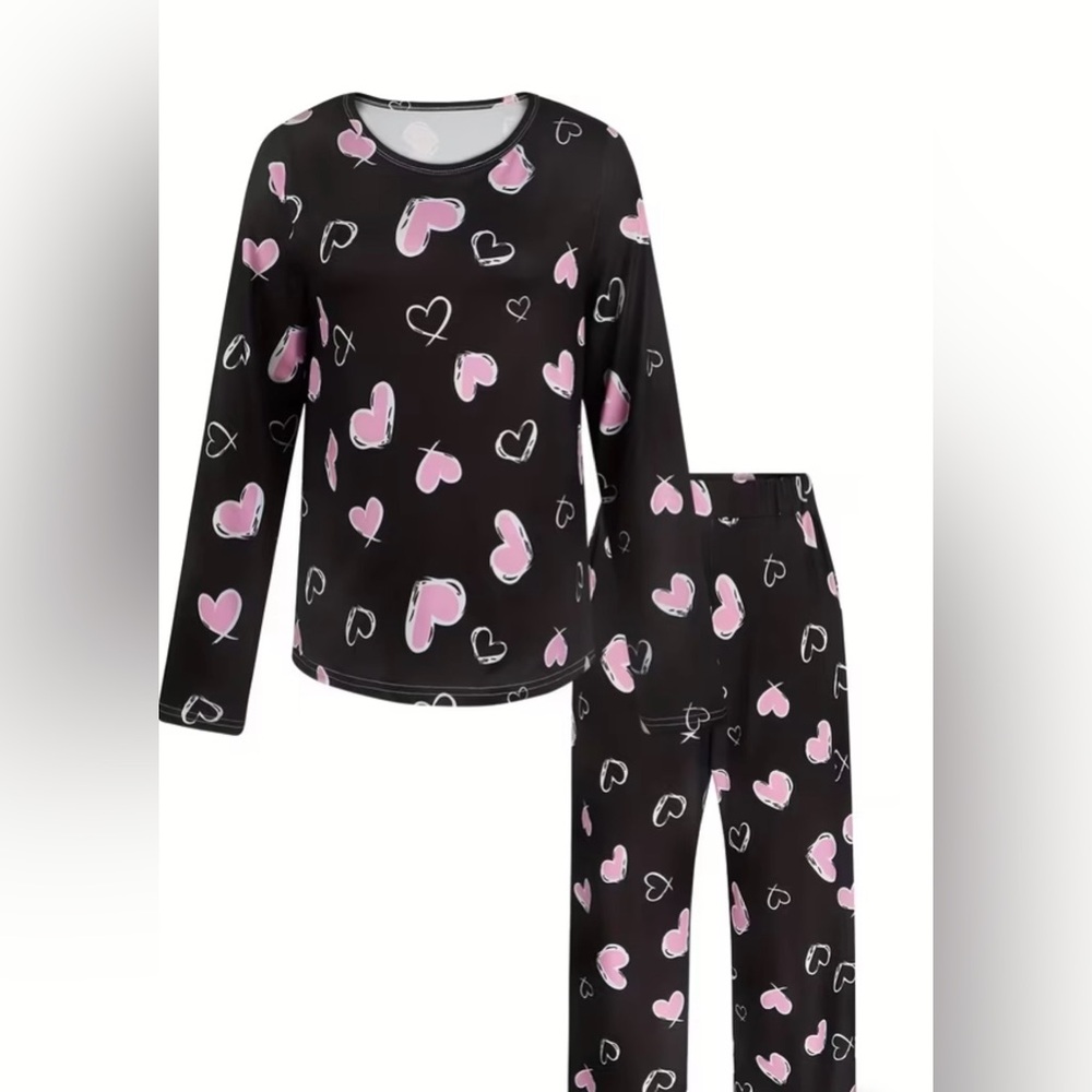 Woman’s Black Pajama Set with Pink Heart Print